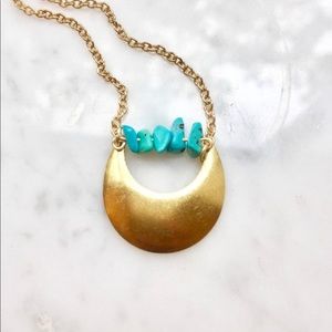 Gold Crescent Moon Necklace w Turquoise Beads